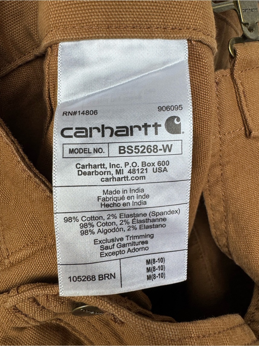 New Carhartt Women’s Tan Rugged Flex Relaxed Fit Canvas Shortall Overalls Medium - Picture 10 of 10